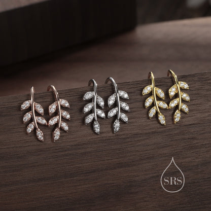 CZ Leaf Mini Crawler Earrings in Sterling Silver, Silver, Gold or Rose Gold, Olive Branch Climber Earrings, Nature Inspired Ear Climbers