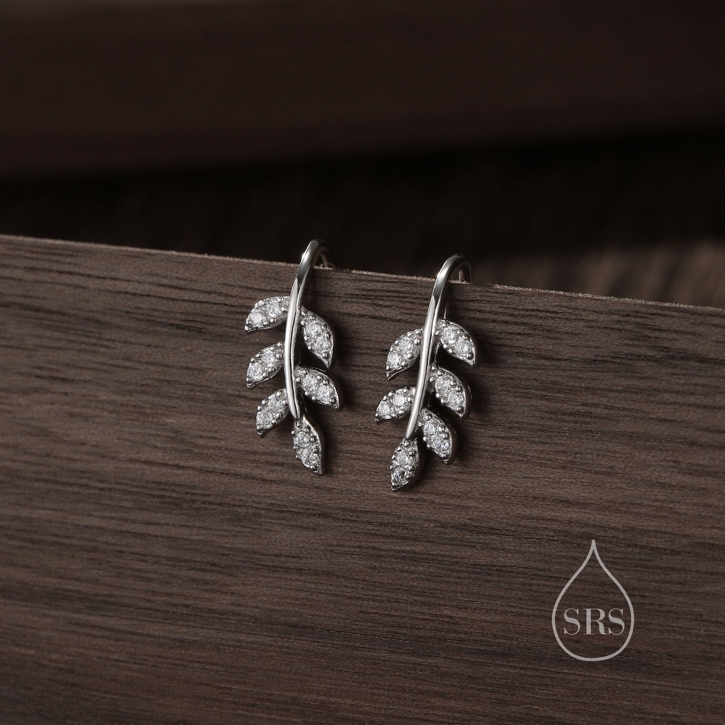 CZ Leaf Mini Crawler Earrings in Sterling Silver, Silver, Gold or Rose Gold, Olive Branch Climber Earrings, Nature Inspired Ear Climbers