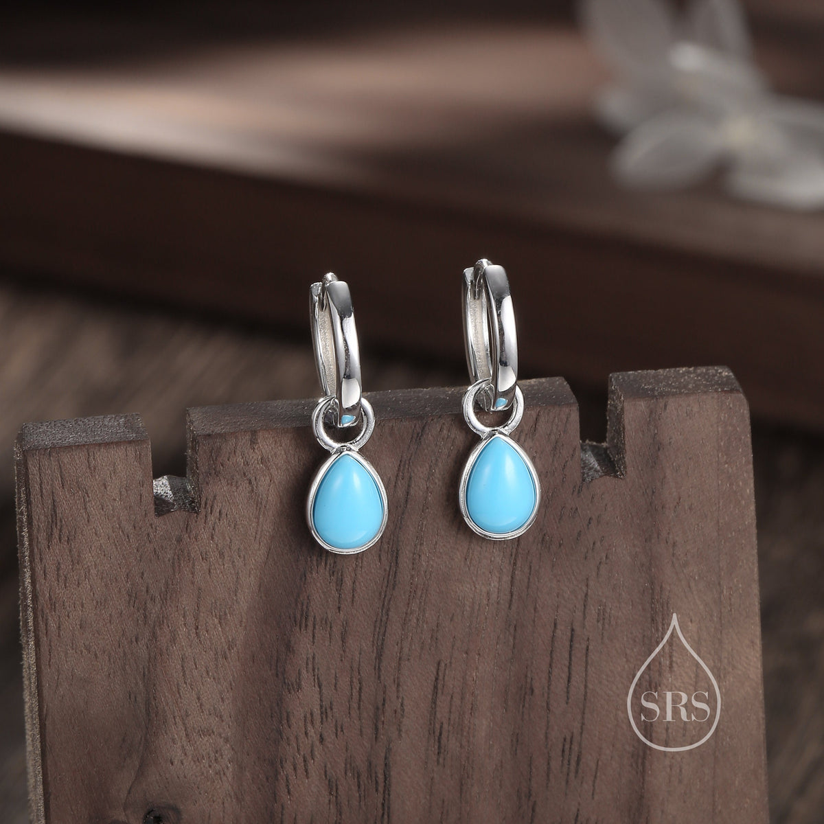 Sterling Silver Blue Turquoise Droplet Hoop Earrings, Detachable Pear Shape Turquoise Dangle Hoop Earrings, Interchangeable