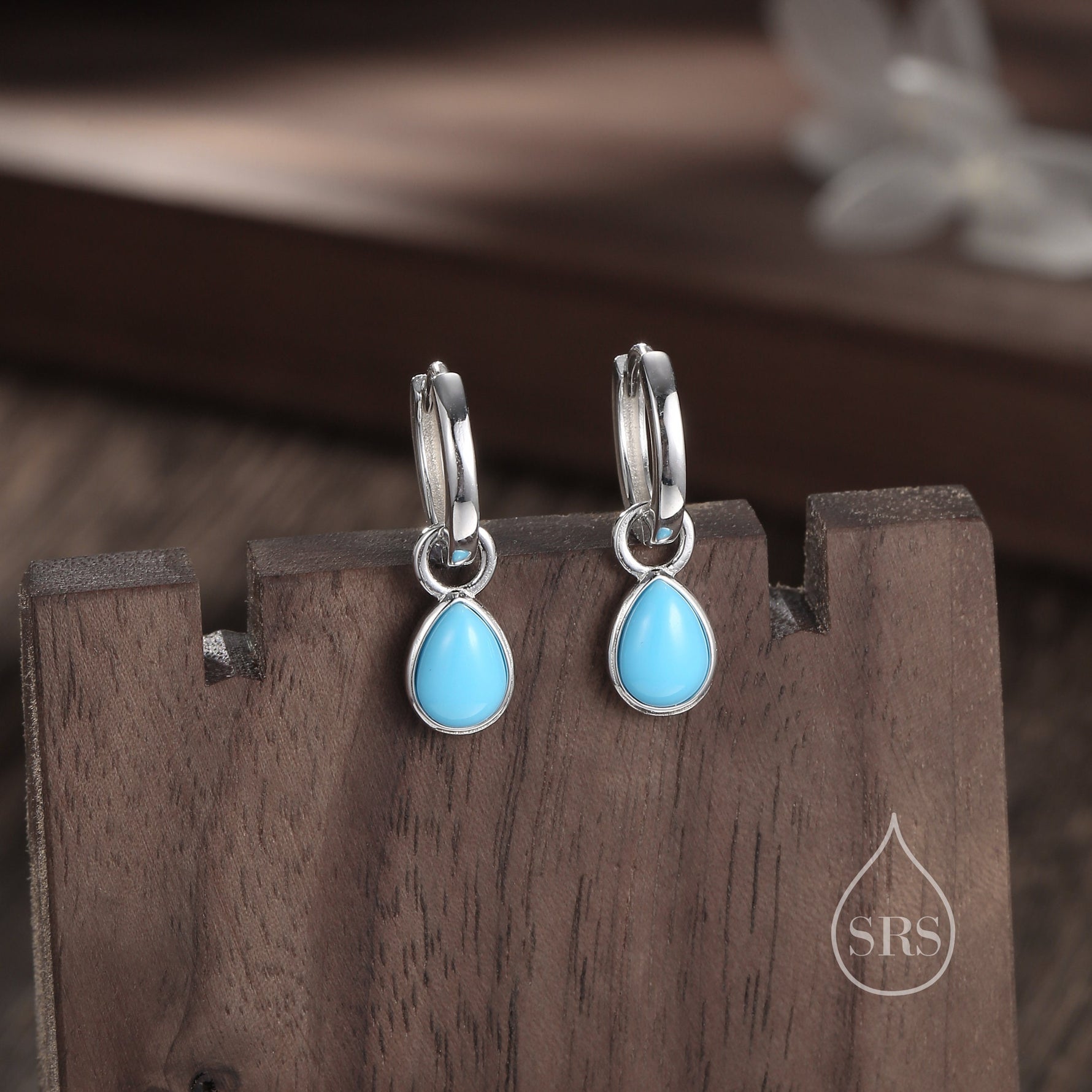 Sterling Silver Blue Turquoise Droplet Hoop Earrings, Detachable Pear Shape Turquoise Dangle Hoop Earrings, Interchangeable