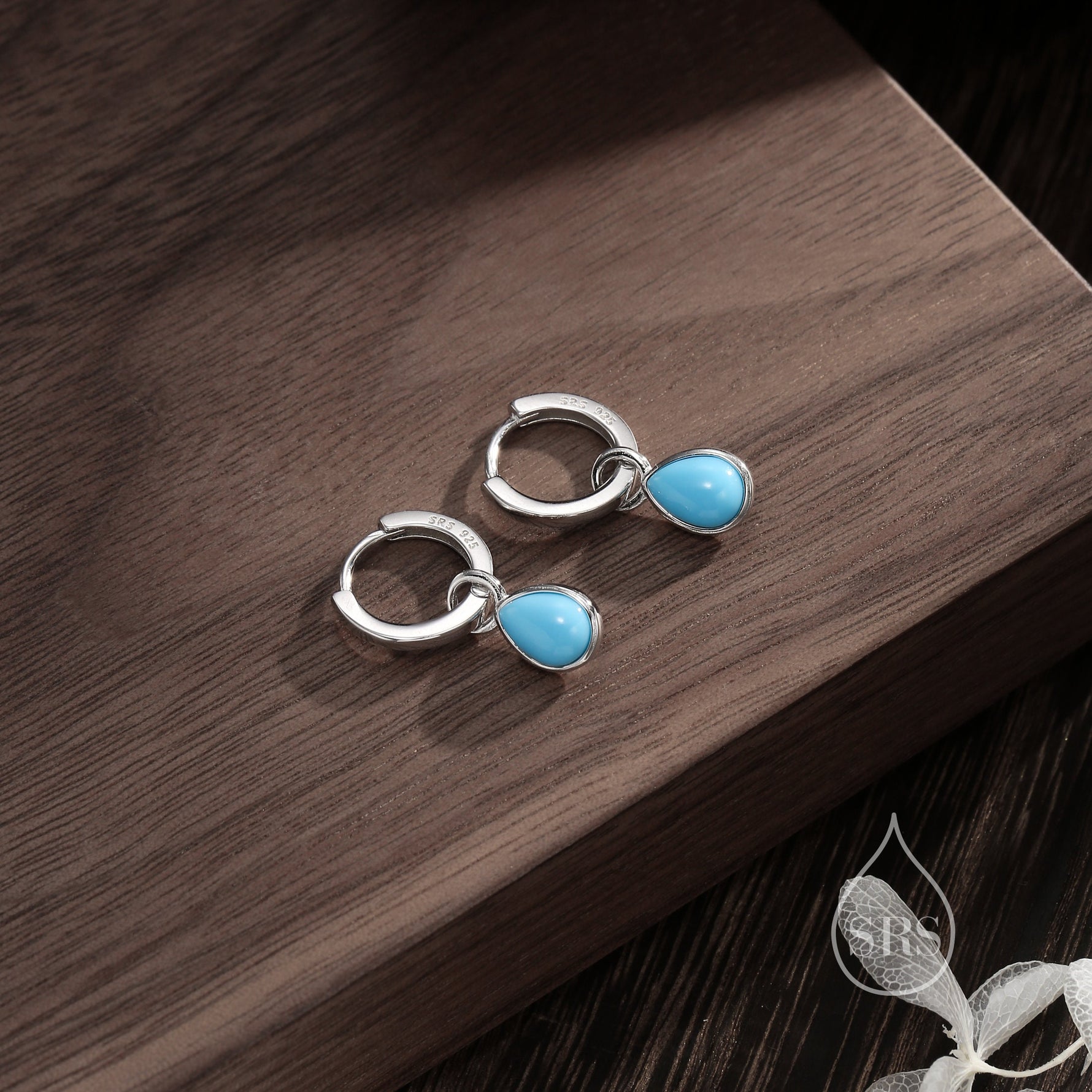 Sterling Silver Blue Turquoise Droplet Hoop Earrings, Detachable Pear Shape Turquoise Dangle Hoop Earrings, Interchangeable
