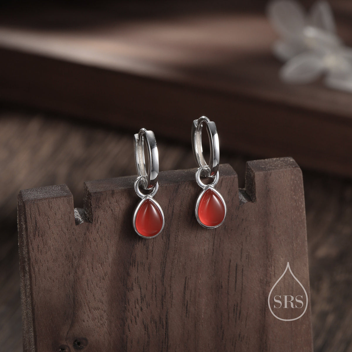 Sterling Silver Genuine Red Carnelian Droplet Hoop Earrings, Detachable Pear Shape Red Onyx Dangle Hoop Earrings, Interchangeable