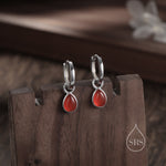 Sterling Silver Genuine Red Carnelian Droplet Hoop Earrings, Detachable Pear Shape Red Onyx Dangle Hoop Earrings, Interchangeable