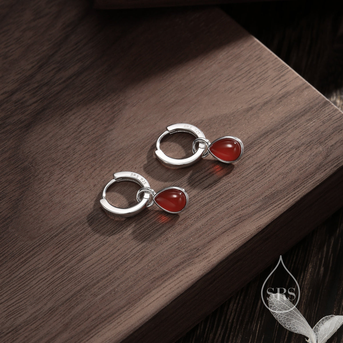 Sterling Silver Genuine Red Carnelian Droplet Hoop Earrings, Detachable Pear Shape Red Onyx Dangle Hoop Earrings, Interchangeable