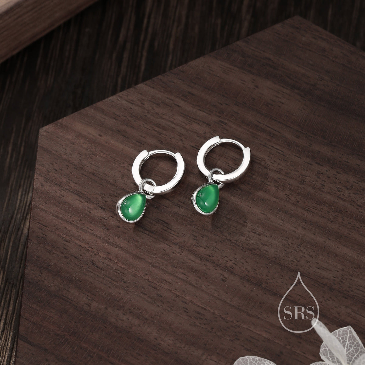 Sterling Silver Genuine Green Onyx Droplet Hoop Earrings, Detachable Pear Shape Green Onyx Dangle Hoop Earrings, Interchangeable