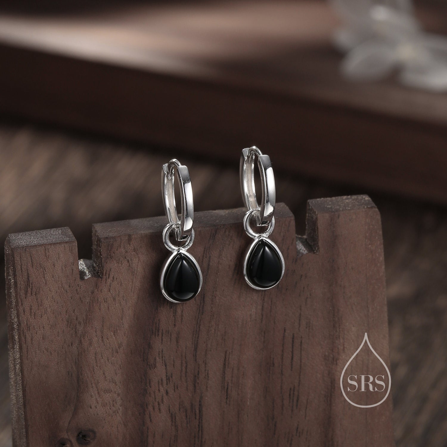 Sterling Silver Genuine Black Onyx Droplet Hoop Earrings, Detachable Pear Shape Black Onyx Dangle Hoop Earrings, Interchangeable