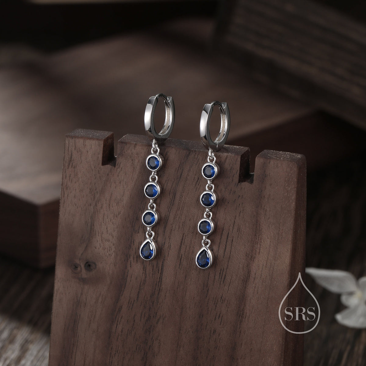 Sapphire Blue CZ Dangle Chain Huggie Hoop Earrings in Sterling Silver, Silver or Gold, CZ Drop Hoops, Geometric Hoop Earrings