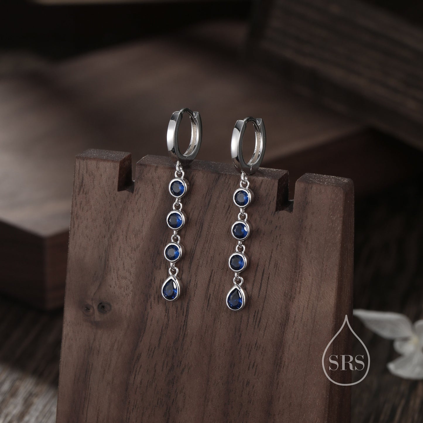 Sapphire Blue CZ Dangle Chain Huggie Hoop Earrings in Sterling Silver, Silver or Gold, CZ Drop Hoops, Geometric Hoop Earrings