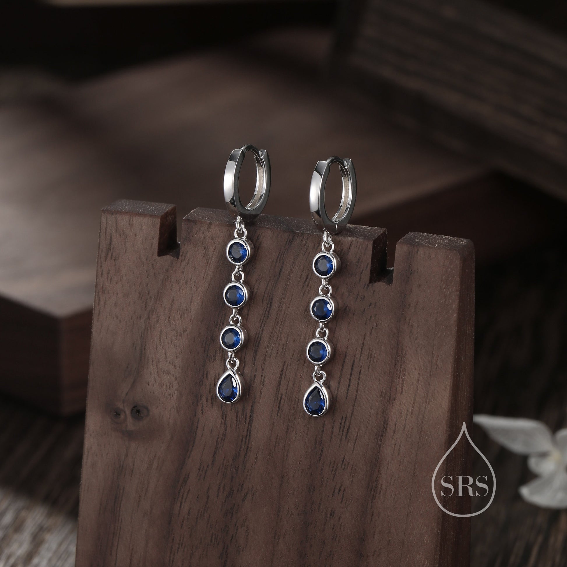 Sapphire Blue CZ Dangle Chain Huggie Hoop Earrings in Sterling Silver, Silver or Gold, CZ Drop Hoops, Geometric Hoop Earrings