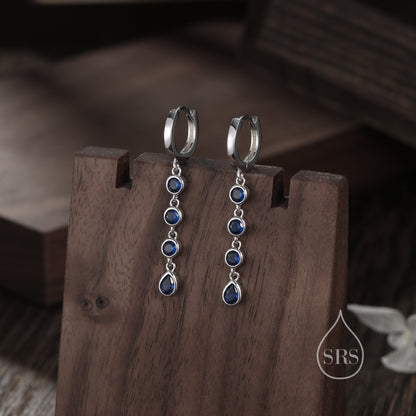 Sapphire Blue CZ Dangle Chain Huggie Hoop Earrings in Sterling Silver, Silver or Gold, CZ Drop Hoops, Geometric Hoop Earrings