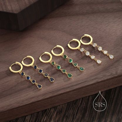 Sapphire Blue CZ Dangle Chain Huggie Hoop Earrings in Sterling Silver, Silver or Gold, CZ Drop Hoops, Geometric Hoop Earrings