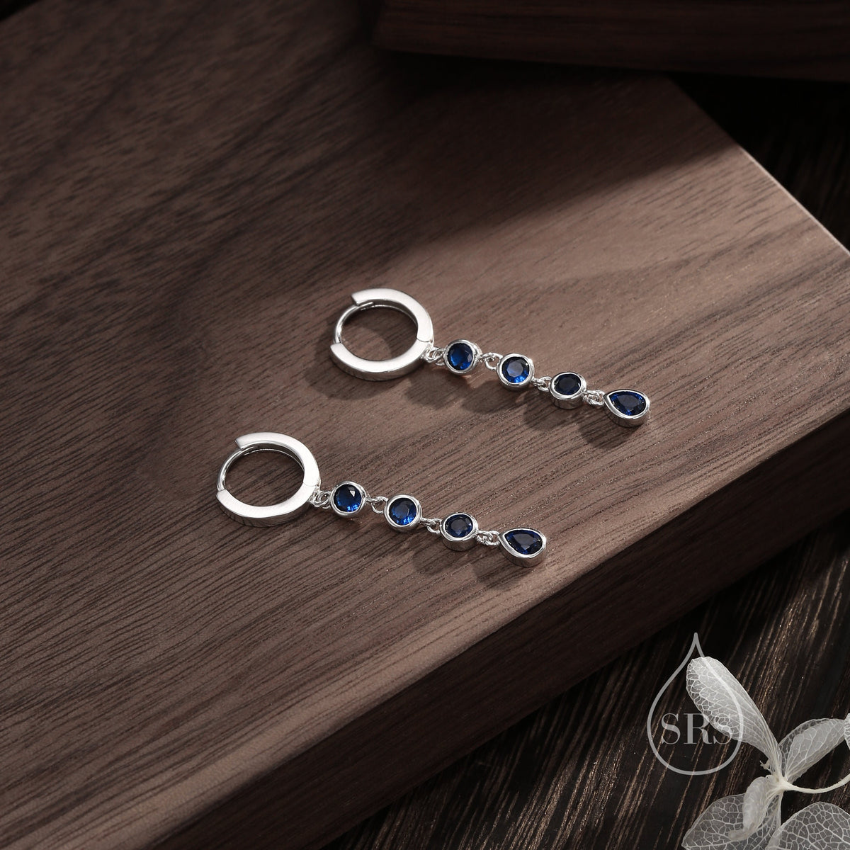 Sapphire Blue CZ Dangle Chain Huggie Hoop Earrings in Sterling Silver, Silver or Gold, CZ Drop Hoops, Geometric Hoop Earrings