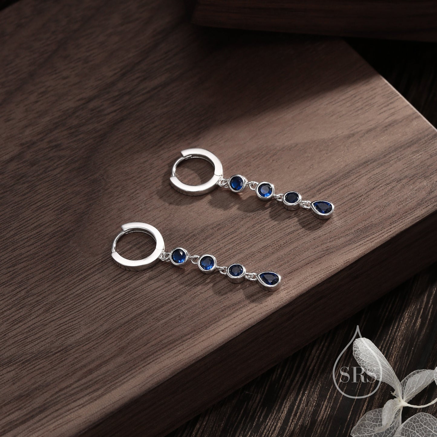 Sapphire Blue CZ Dangle Chain Huggie Hoop Earrings in Sterling Silver, Silver or Gold, CZ Drop Hoops, Geometric Hoop Earrings