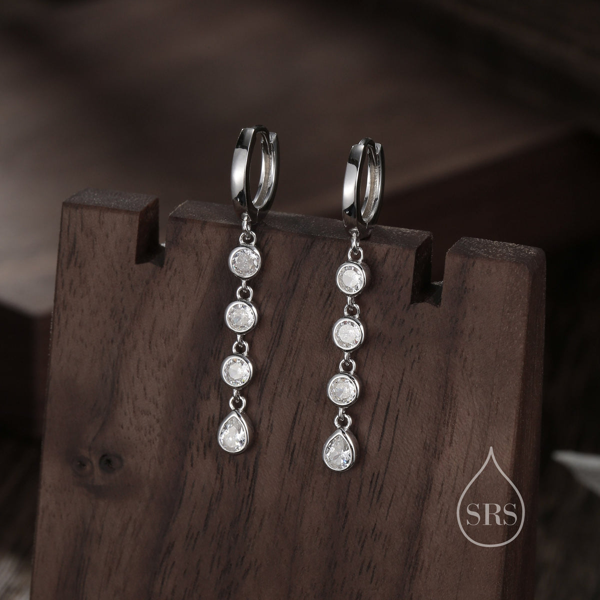 CZ Chain Dangle Huggie Hoop Earrings in Sterling Silver, Silver or Gold, CZ Drop Hoops, Geometric Hoop Earrings