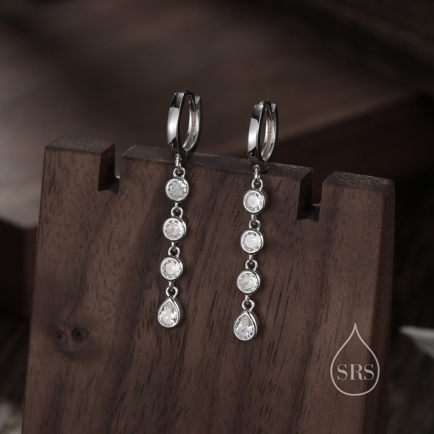 CZ Chain Dangle Huggie Hoop Earrings in Sterling Silver, Silver or Gold, CZ Drop Hoops, Geometric Hoop Earrings