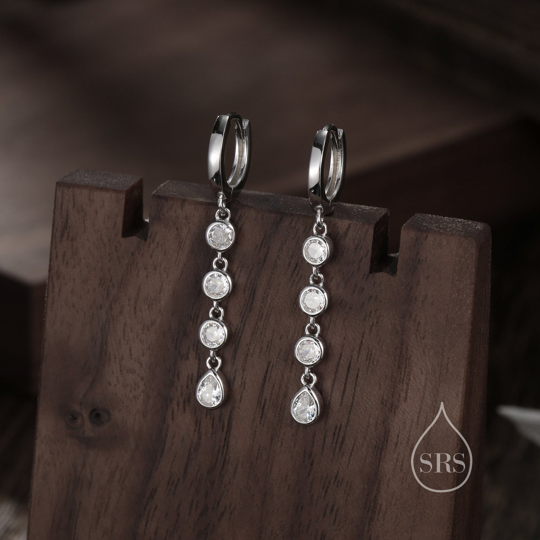 CZ Chain Dangle Huggie Hoop Earrings in Sterling Silver, Silver or Gold, CZ Drop Hoops, Geometric Hoop Earrings