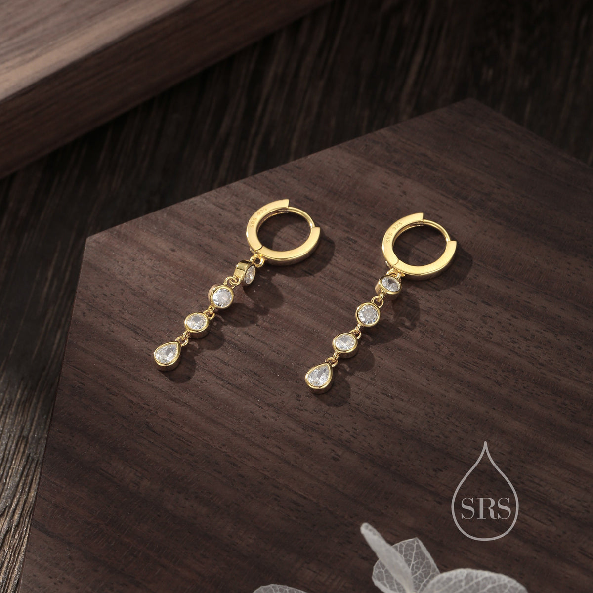 CZ Chain Dangle Huggie Hoop Earrings in Sterling Silver, Silver or Gold, CZ Drop Hoops, Geometric Hoop Earrings