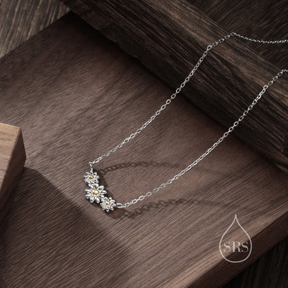 Sterling Silver Daisy Flower Trio Pendant Necklace, Three Flower Necklace, Daisy Chain Necklace, Two Tone Flower Pendant Necklace