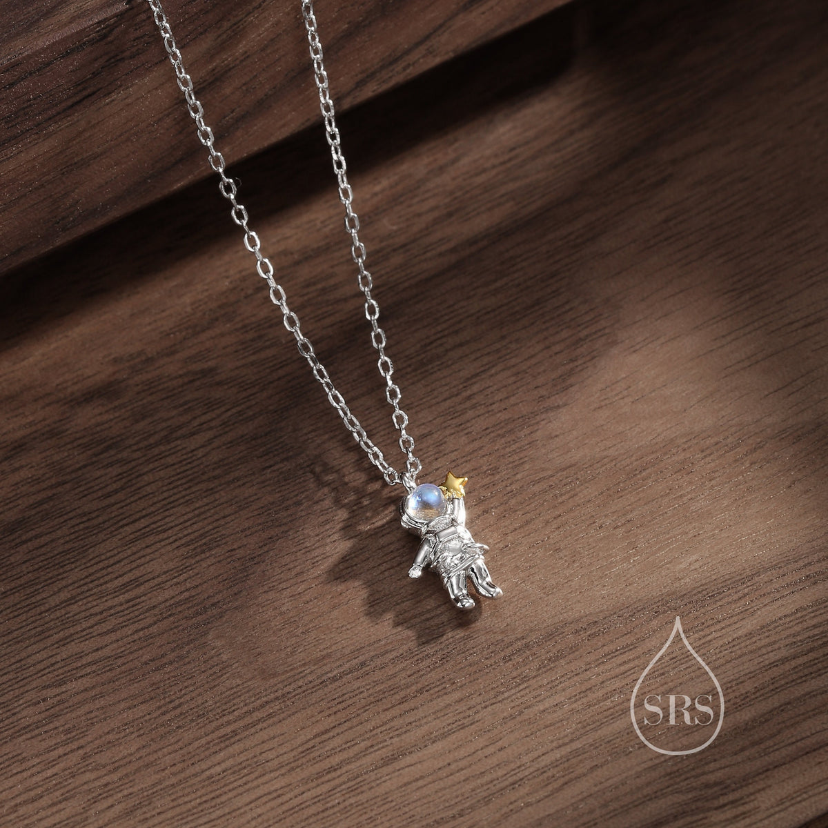 Astronaut Pendant Necklace in Sterling Silver with Lab Moonstone, Spaceman Holding Star Necklace, Space Planet Celestial Jewellery