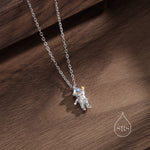 Astronaut Pendant Necklace in Sterling Silver with Lab Moonstone, Spaceman Holding Star Necklace, Space Planet Celestial Jewellery