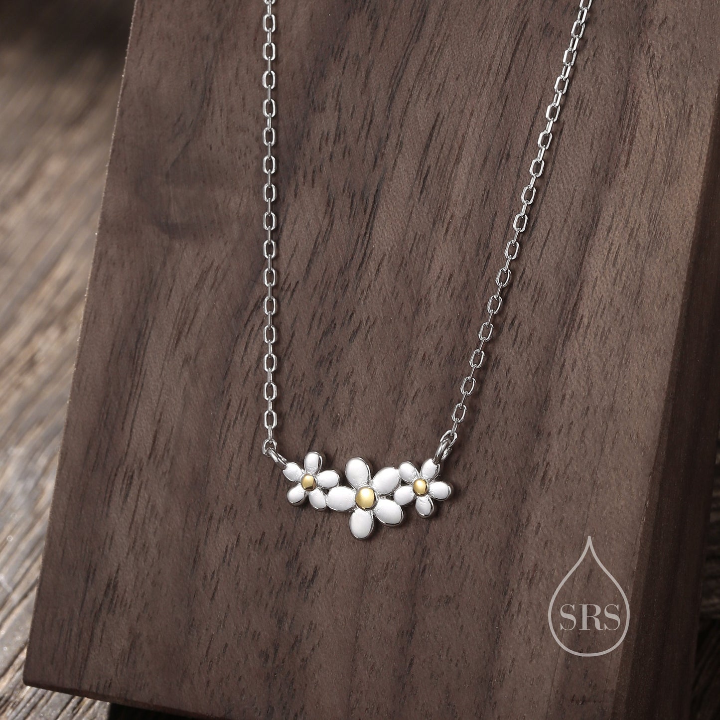 Sterling Silver Forget Me Not Flower Trio Pendant Necklace, Three Flower Necklace, Daisy Chain Necklace, Two Tone Flower Pendant Necklace