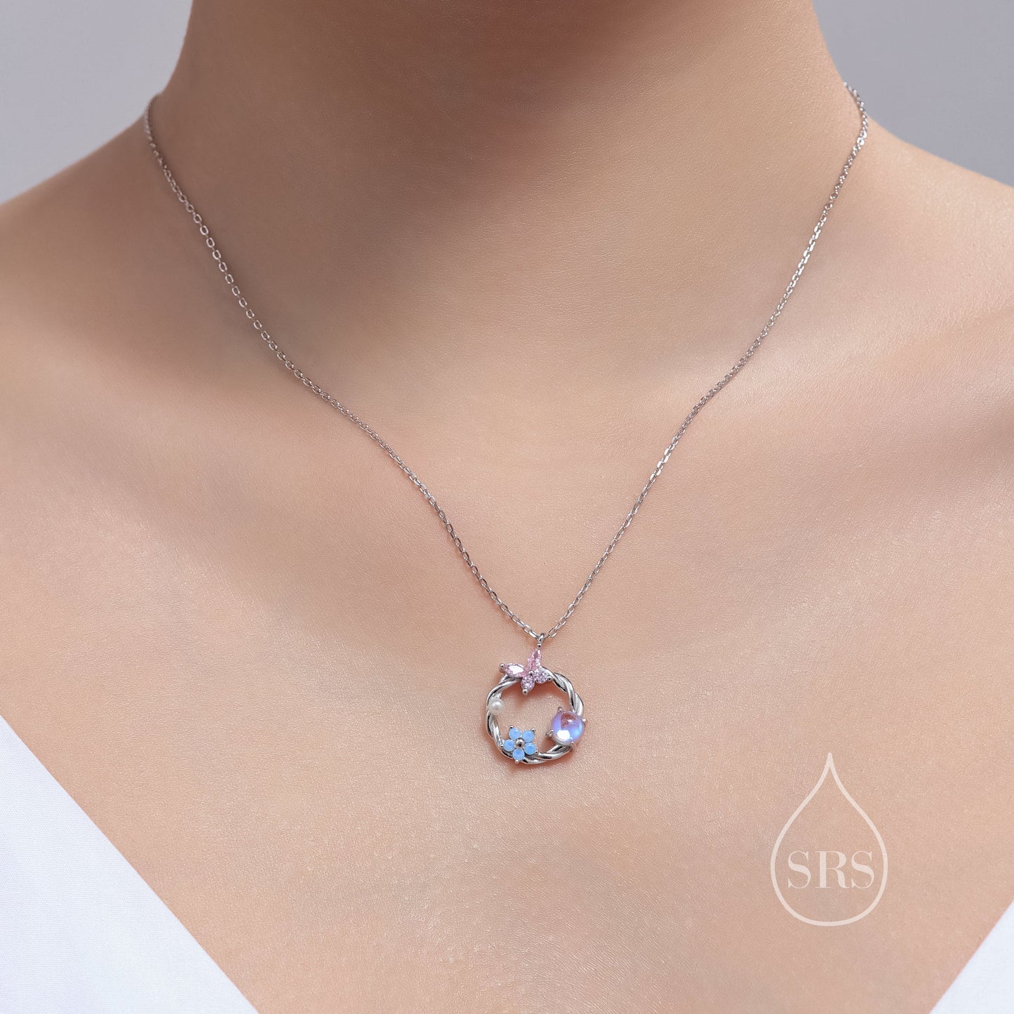 Forget Me Not and Butterfly Wreath Necklace in Sterling Silver, Silver or Gold or Rose Gold, Tiny CZ and Lab Moonstone Flower Necklace