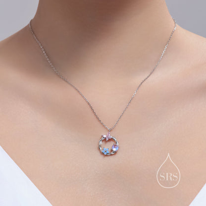 Forget Me Not and Butterfly Wreath Necklace in Sterling Silver, Silver or Gold or Rose Gold, Tiny CZ and Lab Moonstone Flower Necklace