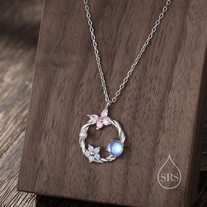 Forget Me Not and Butterfly Wreath Necklace in Sterling Silver, Silver or Gold or Rose Gold, Tiny CZ and Lab Moonstone Flower Necklace