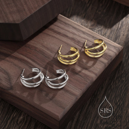 Chunky Triple Hoop Earrings in Sterling Silver, Silver or Gold Finish, Large Hoop Earrings, Chunky but Light Weight