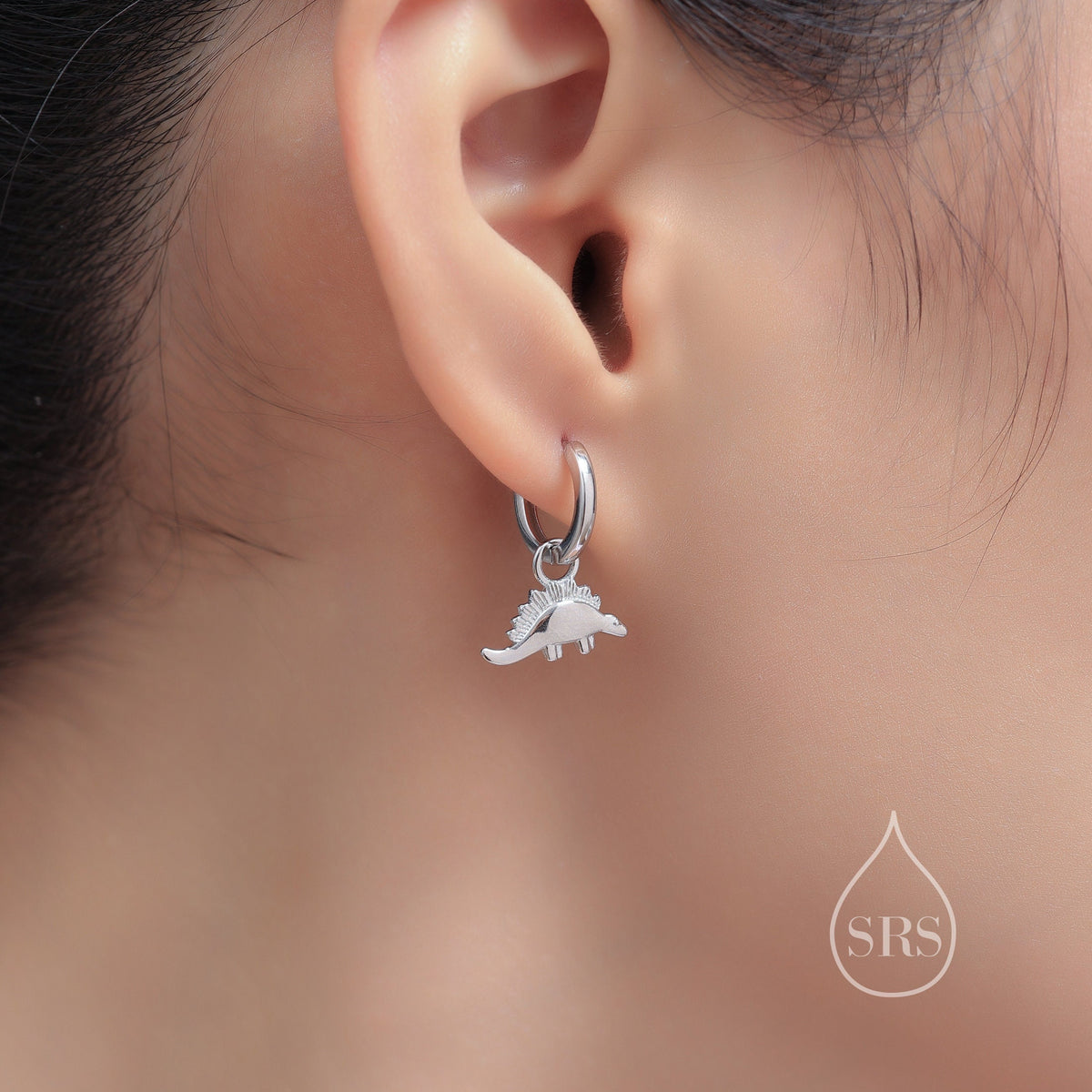 Sterling Silver Mismatched Dinosaur Dangle Hoop Earrings, Silver, Gold or Rose Gold,Asymmetric Stegosaurus and T Rex Huggie Hoops,