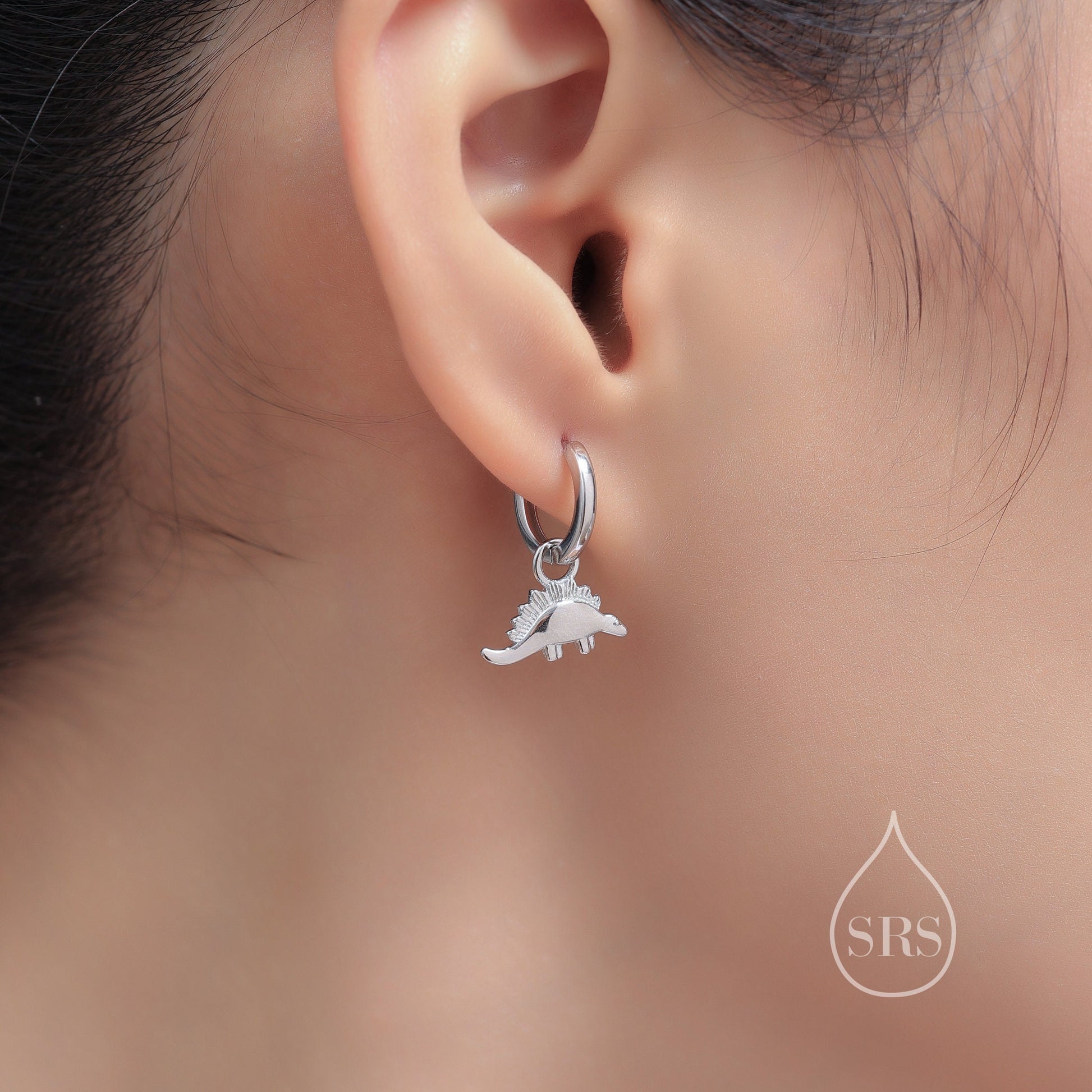 Sterling Silver Mismatched Dinosaur Dangle Hoop Earrings, Silver, Gold or Rose Gold,Asymmetric Stegosaurus and T Rex Huggie Hoops,