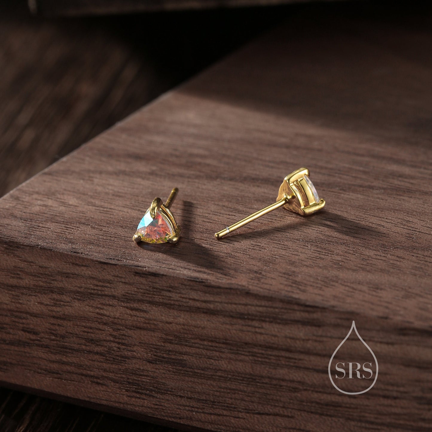 Trillion Cut Triangle Aurora CZ Stud Earrings in Sterling Silver, Silver or Gold, AB Cubic Zirconia Crystal Earrings, Triangle Earrings