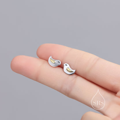 Little Wren Bird Stud Earrings in Sterling Silver- Gold and Silver Two Tone - Bird Earrings - Cute Animal, Fun, Whimsical and Pretty