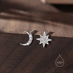 Asymmetric Moon and Starburst Stud Earrings, Silver, Gold or Rose Gold, Star Stud Earrings, Petite Celestial Earrings
