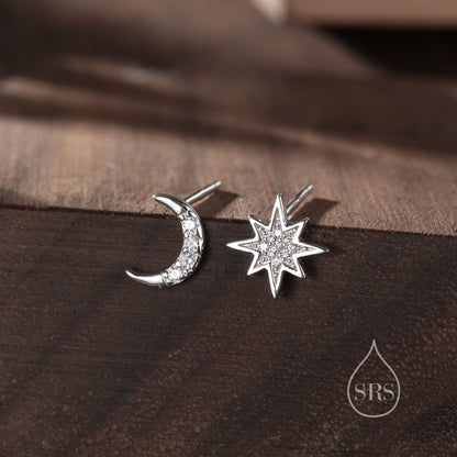 Asymmetric Moon and Starburst Stud Earrings, Silver, Gold or Rose Gold, Star Stud Earrings, Petite Celestial Earrings