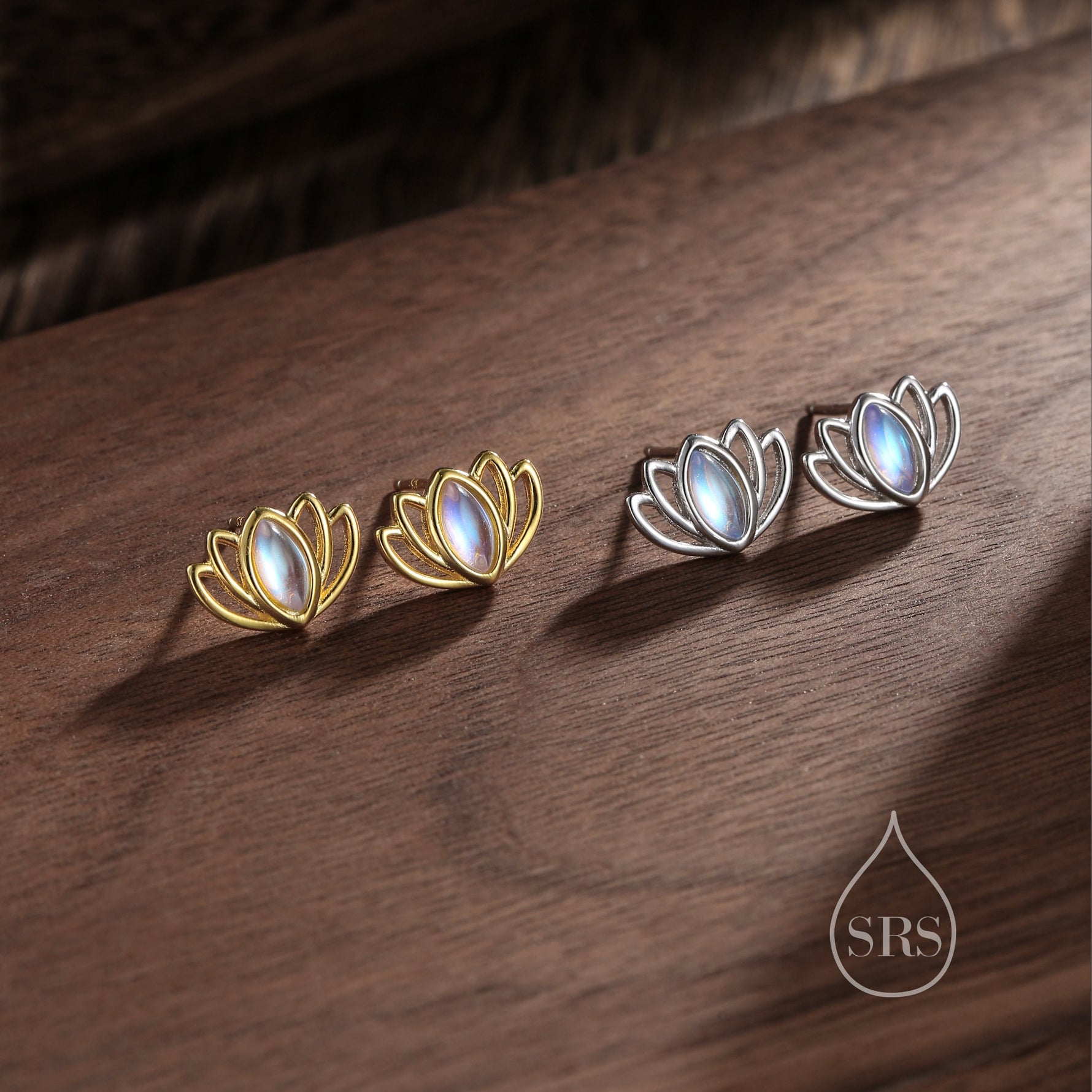 Lotus Flower Moonstone Stud Earrings in Sterling Silver, Silver or Gold, Lab Moonstone Lotus Earrings, Nature Inspired, Botanical Earrings