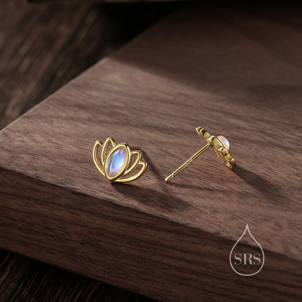 Lotus Flower Moonstone Stud Earrings in Sterling Silver, Silver or Gold, Lab Moonstone Lotus Earrings, Nature Inspired, Botanical Earrings