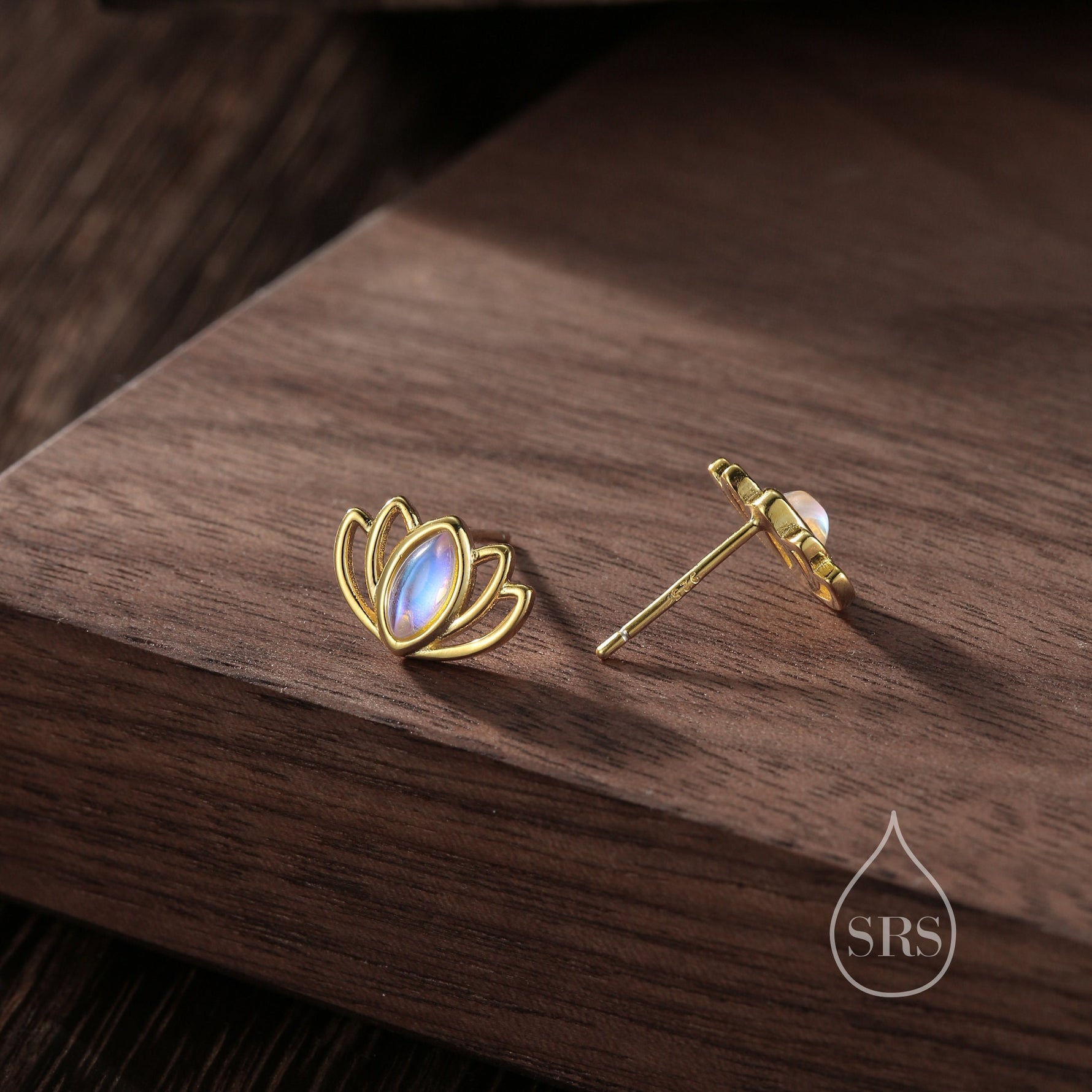 Lotus Flower Moonstone Stud Earrings in Sterling Silver, Silver or Gold, Lab Moonstone Lotus Earrings, Nature Inspired, Botanical Earrings
