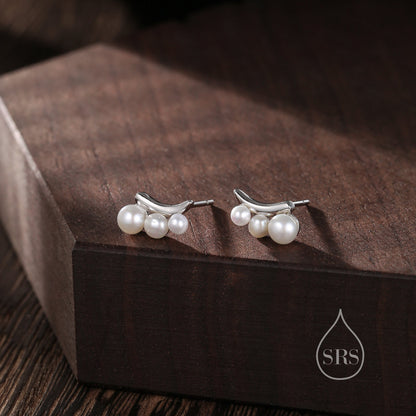 Natural Pearl Trio Stud Earrings in Sterling Silver, Curved Freshwater Pearl Mini Bar Earrings, Silver or Gold or Rose Gold, Pearl Earrings