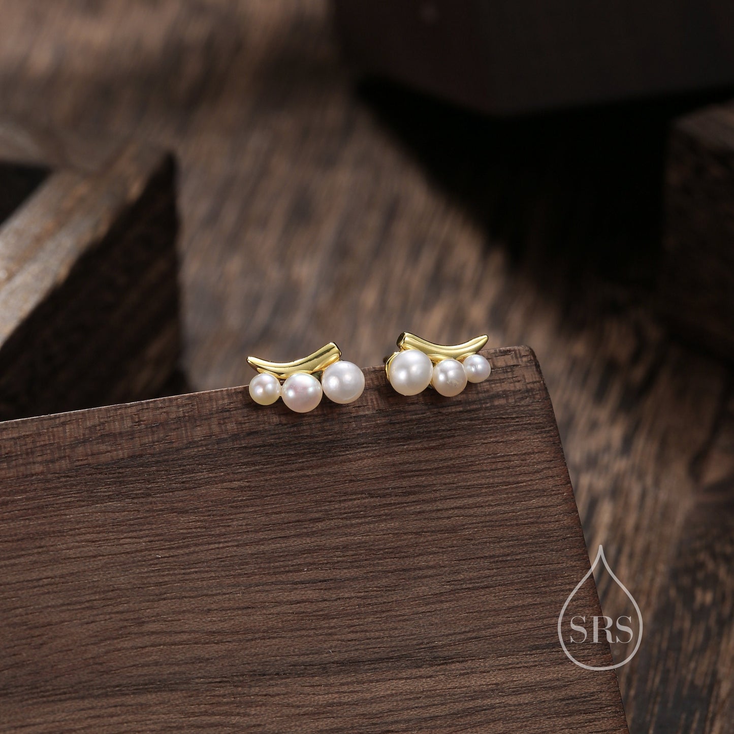 Natural Pearl Trio Stud Earrings in Sterling Silver, Curved Freshwater Pearl Mini Bar Earrings, Silver or Gold or Rose Gold, Pearl Earrings