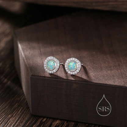 Aqua Green Opal CZ Halo Stud Earrings in Sterling Silver - Silver or Gold - Sustainable Lab Opal - Petite Blue Opal Stud Earrings