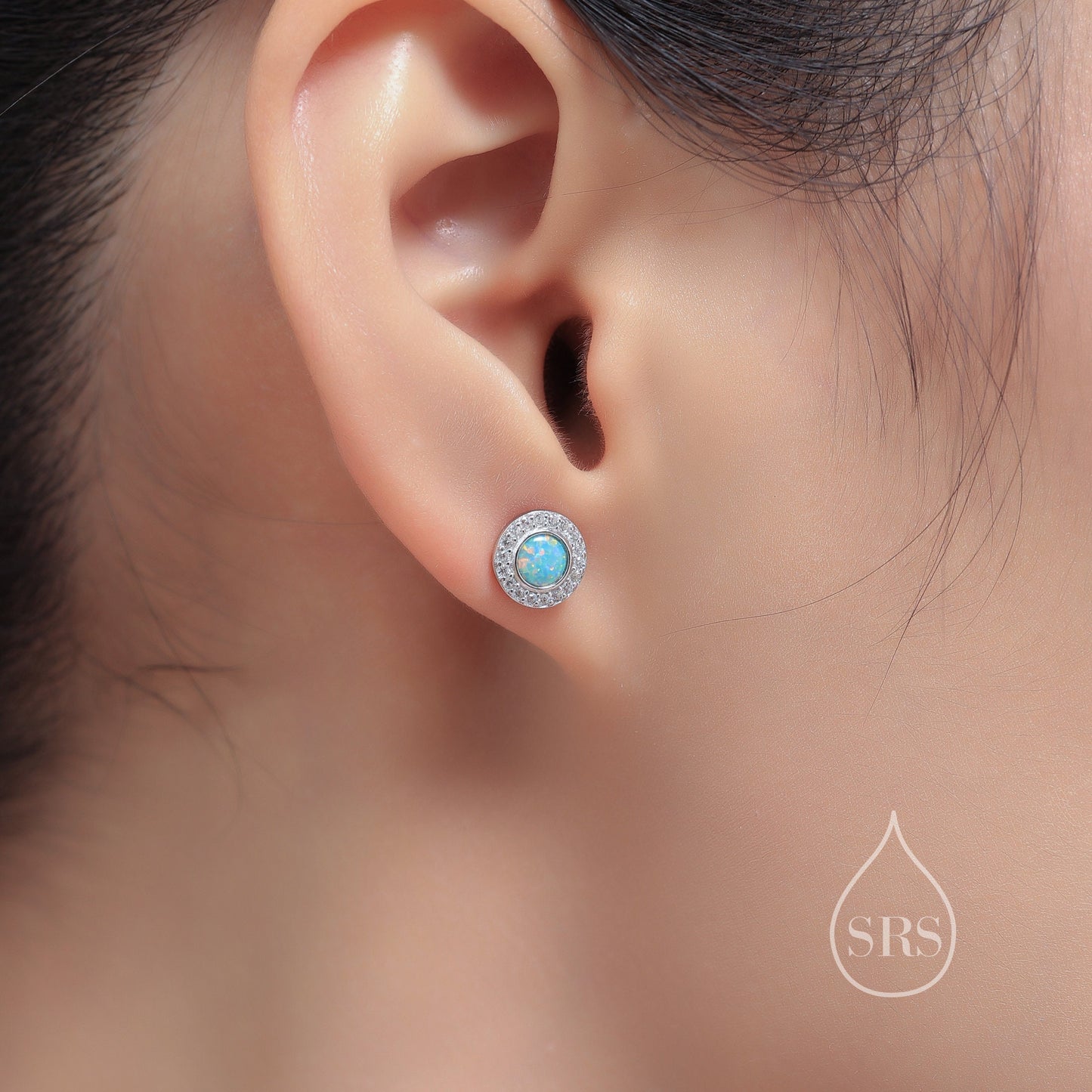 Aqua Green Opal CZ Halo Stud Earrings in Sterling Silver - Silver or Gold - Sustainable Lab Opal - Petite Blue Opal Stud Earrings