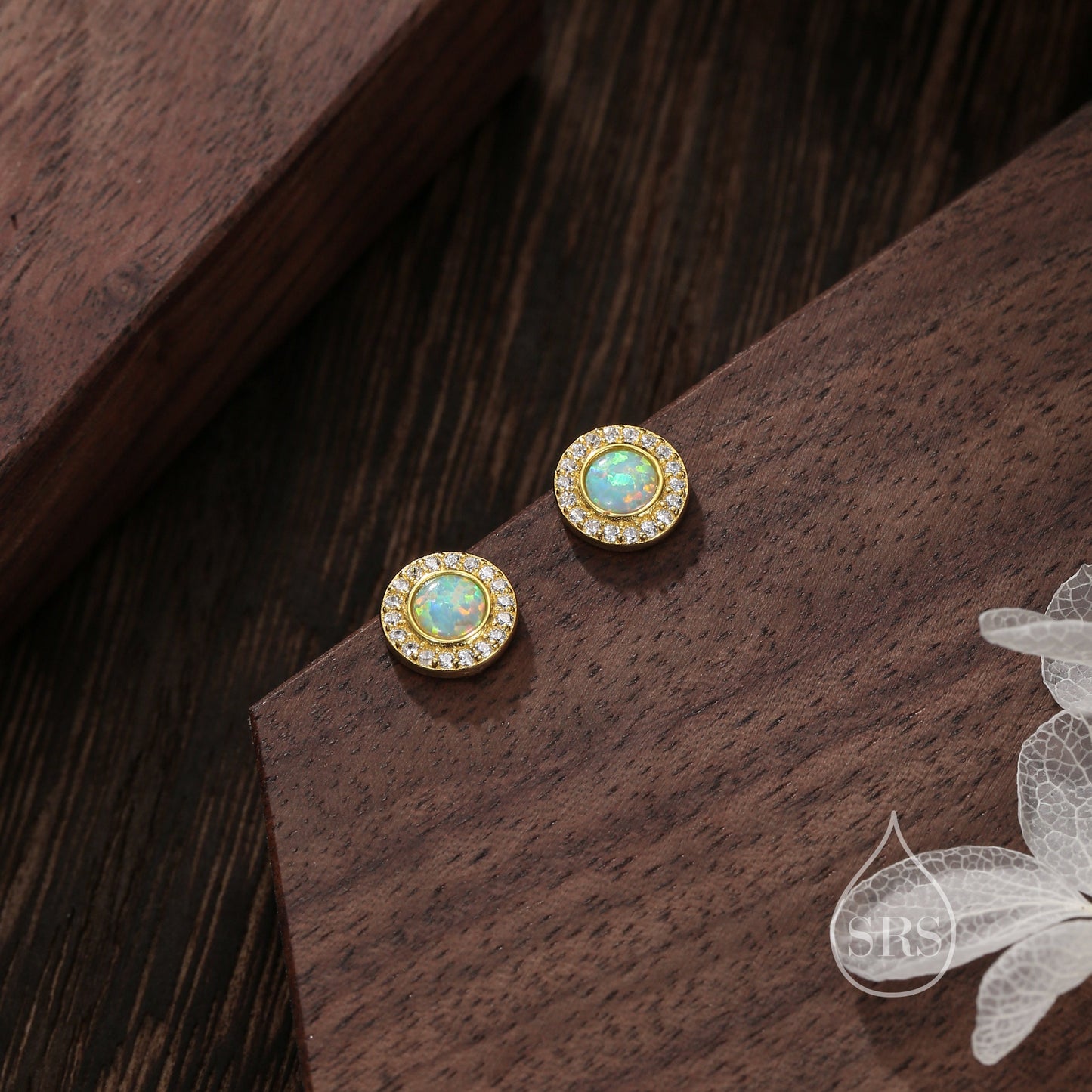 Aqua Green Opal CZ Halo Stud Earrings in Sterling Silver - Silver or Gold - Sustainable Lab Opal - Petite Blue Opal Stud Earrings