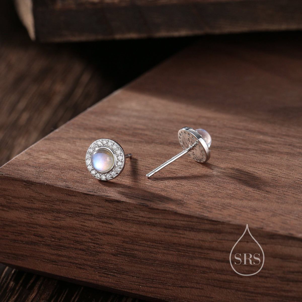 Moonstone CZ Halo Stud Earrings in Sterling Silver, Sustainable Lab Moonstone - Petite Moonstone Stud Earrings
