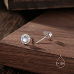 Moonstone CZ Halo Stud Earrings in Sterling Silver, Sustainable Lab Moonstone - Petite Moonstone Stud Earrings