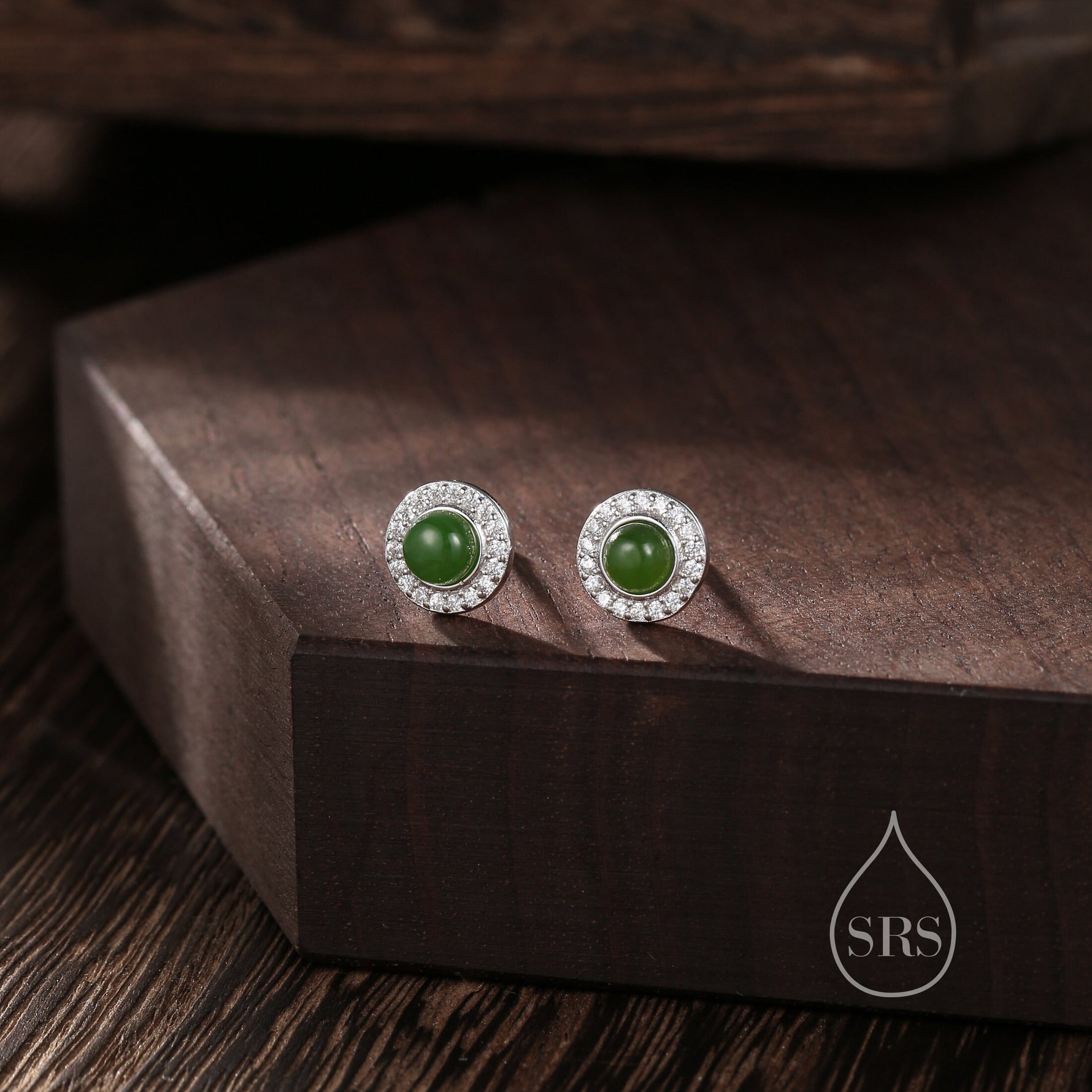 Genuine Jasper Jade CZ Halo Stud Earrings in Sterling Silver, Natural Jade Moonstone - Petite Jade Stud Earrings