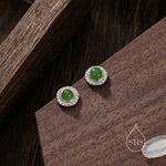 Genuine Jasper Jade CZ Halo Stud Earrings in Sterling Silver, Natural Jade Moonstone - Petite Jade Stud Earrings