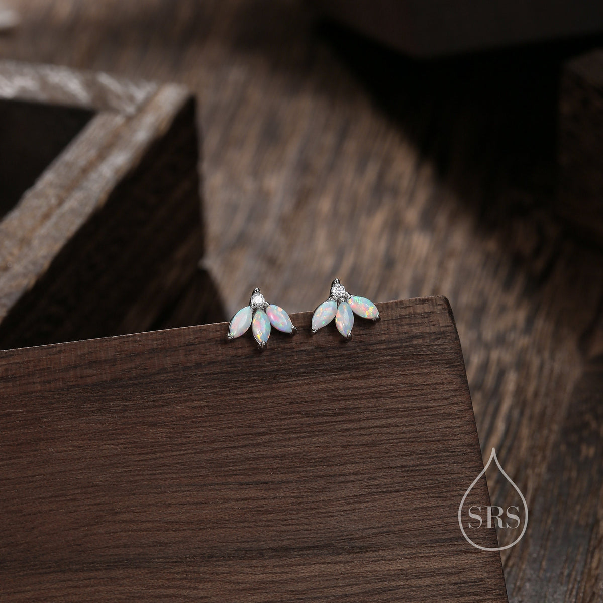 Sterling Silver White Opal Marquise Cluster CZ Stud Earrings, Marquise Fan Stud, Opal Crown Stud, Gold or Silver, Minimalist