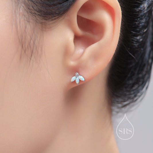 Sterling Silver White Opal Marquise Cluster CZ Stud Earrings, Marquise Fan Stud, Opal Crown Stud, Gold or Silver, Minimalist