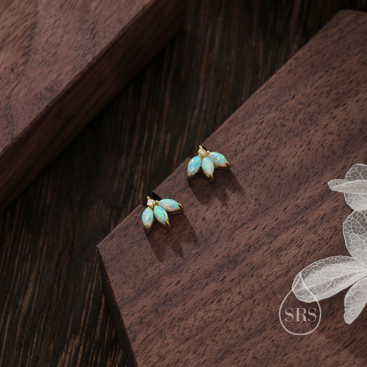 Sterling Silver Aqua Green Opal Marquise Cluster CZ Stud Earrings, Marquise Fan Stud, Blue Opal Crown Stud, Gold or Silver, Minimalist